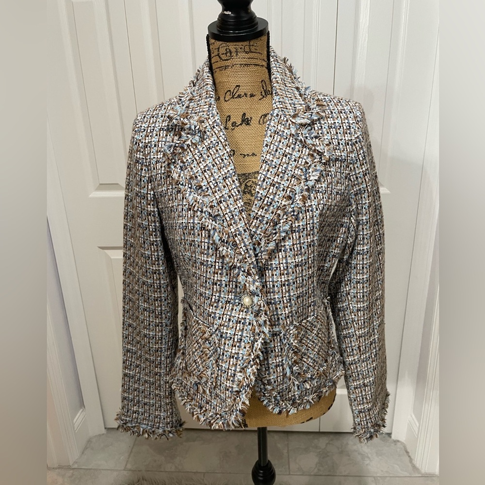 Women's Tweed Blazer - Blue, White  & Brown Sz M